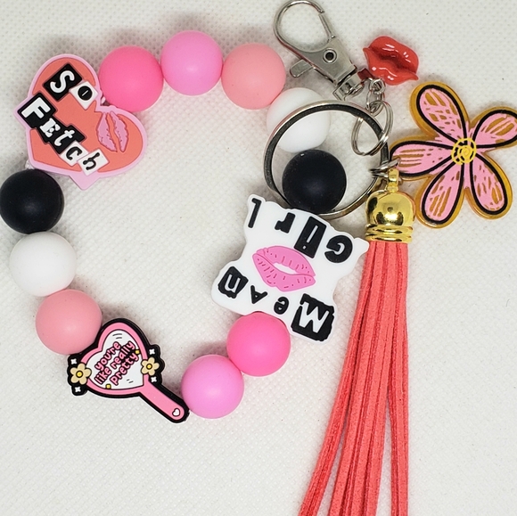 Handmade Beaded Silicone Focal Bead Mean Girls Wristlet Keychain - Picture 1 of 6